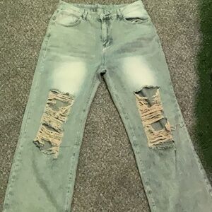 Blue Straight Leg Distressed Jeans